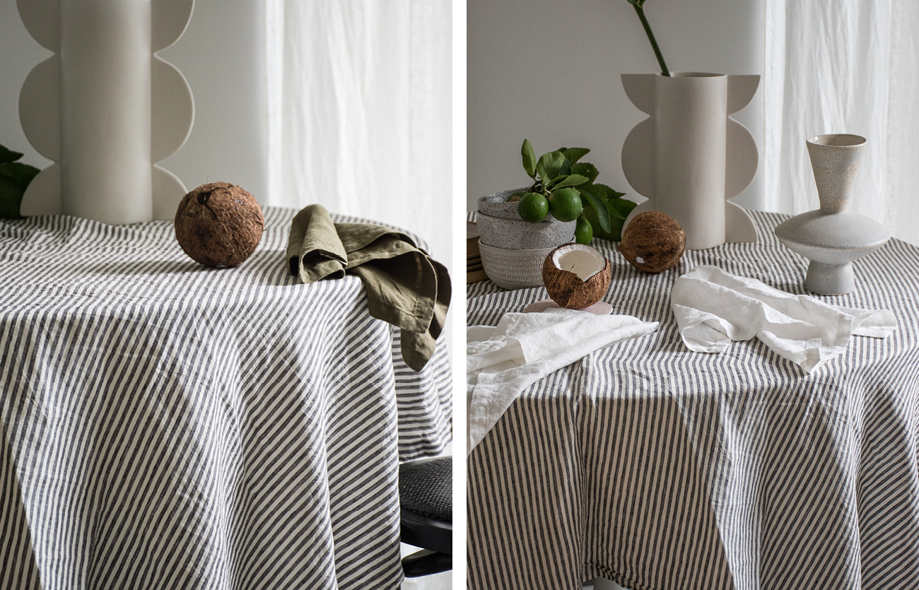 Charcoal Stripe French linen table cloth